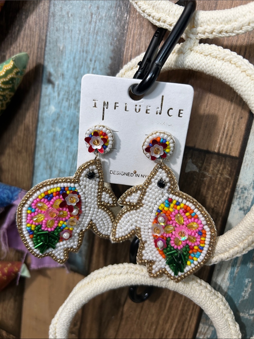 White Beaded Floral turtle Drop Earrings